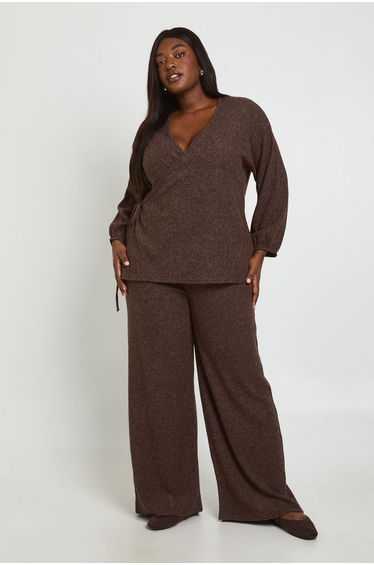 Plus Knitted Wrap Top And Wide Leg Trouser Co-Ord - chocolate