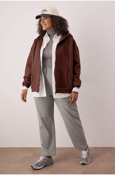 Brown Hooded Fleece Inside Zippered Front Large Size Knitted Sweatshirt