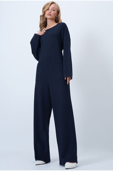 Women's Navy Blue Crew Neck Zippered Back Casual Cut Jumpsuit