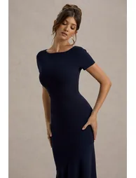 فستان ماكسي بأكمام قصيرة لون كحلي - 2