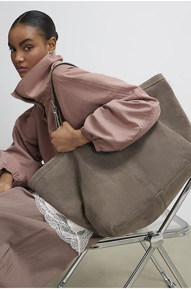 Grey Buckle Handle Suede Shopper Bag