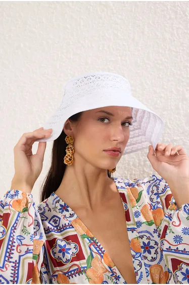 White Ribbon Detailed Straw Women's Beach Hat