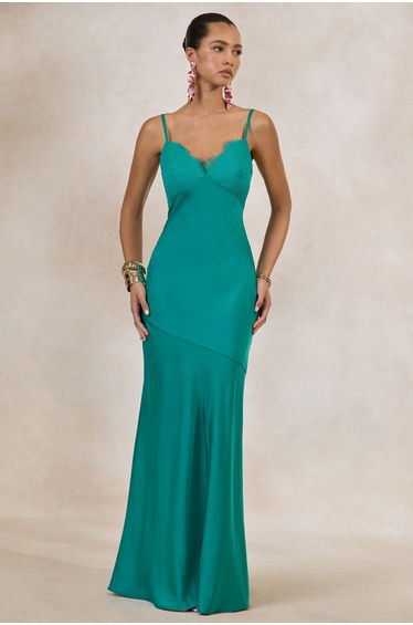 Kyralie | Green Satin V-Neck Maxi Dress