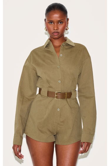 Mushroom Woven Utility Belted Playsuit
