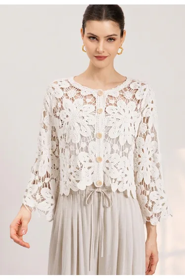 Daisy Openwork Crochet Crop Cardigan in White for Beach Vacations & Music Festivals