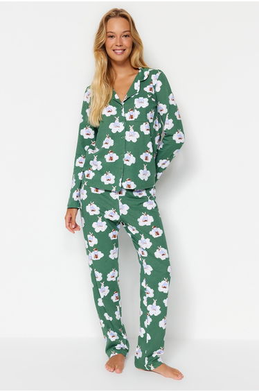 Dark Green 100% Cotton Rabbit Patterned Shirt-Pants Knitted Pajamas Set