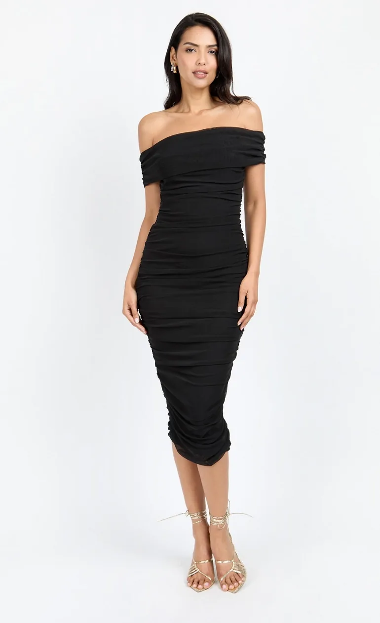 Black Mesh Ruched Bardot Midi Dress by Chloe Lewis Little Mistress : Party Dresses : VogaCloset Oman Black Mesh Ruched Bardot Midi Dress by Chloe Lewis Little Mistress : Party Dresses : VogaCloset Oman