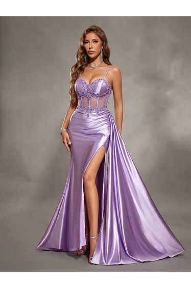 Leely Elegant Purple Gown with Spaghetti Straps Mermaid Design with a Slit