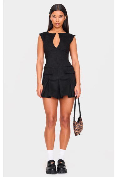 Black Faux Suede Pleated Pocket Detail Shift Dress