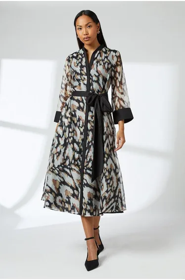 Black Belted Contrast Detail Collarless Shirt Dress
