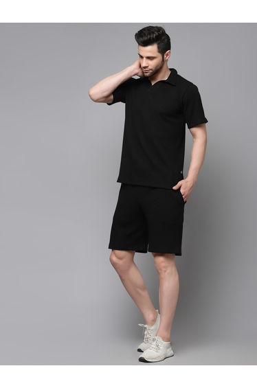 Men Black Waffle Knit Polo and Shorts Co-Ords