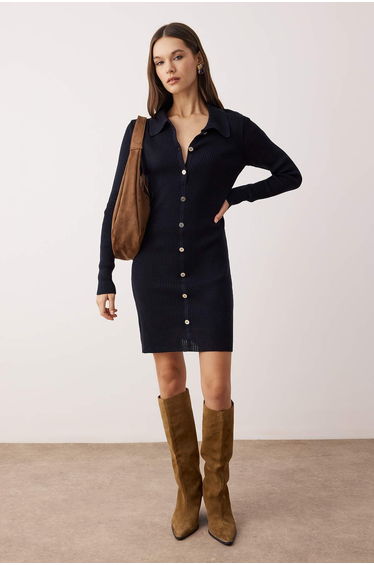 Navy Blue Plain Short / Mini Polo Neck Fitted / Body-hugging A-line Knit Dress