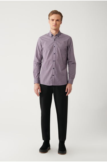 Men's Burgundy Button-down Collar 100% Cotton Patterned Shirt
