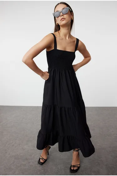 Black Straight A-Line Gimped Square Neck Maxi Woven Dress
