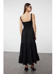 Black Straight A-Line Gimped Square Neck Maxi Woven Dress - 2