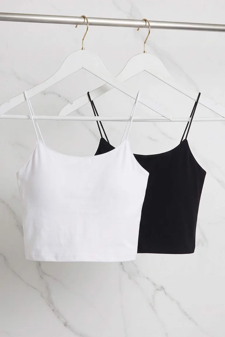 Black-White 2-Pack Strappy Crop Fitted Stretchy Knitted Tank Top - 1
