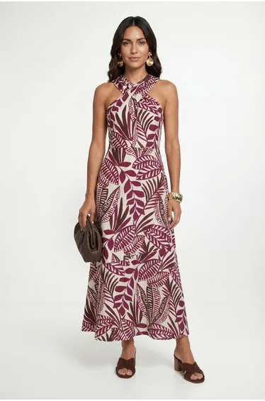 Palm Print Twist Neck Maxi Dress