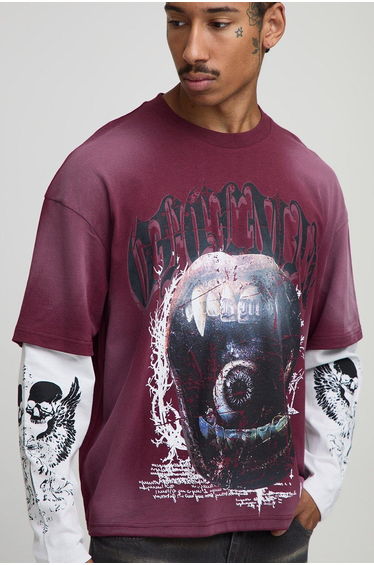 Oversized Boxy Ofclman Graphic Faux Layer Washed T-Shirt - burgundy
