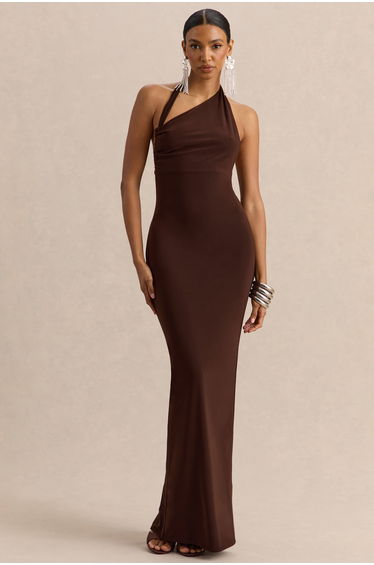 Delisse | Brown Asymmetric-Neck Maxi Dress