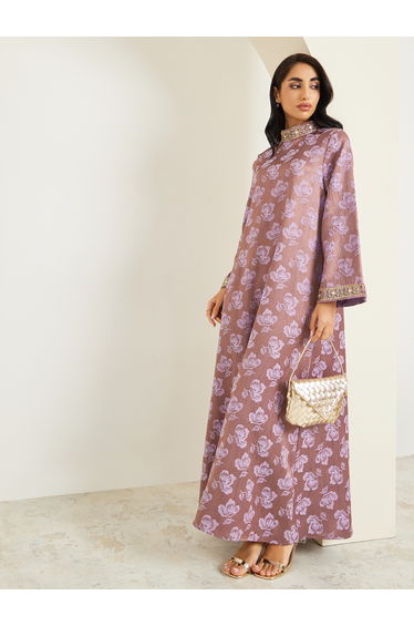 Women Stand Collar Jacquard Jalabiya With Lace Trim