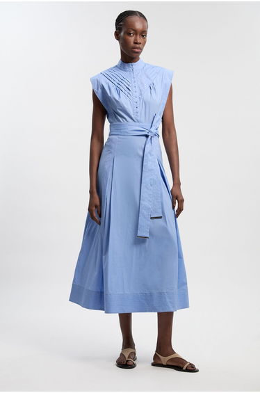 Petite Cotton Pleated Tie Waist Woven Midi Dress