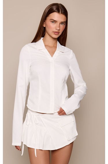 White Textured Pinstripe Frill Detail Cargo Skort