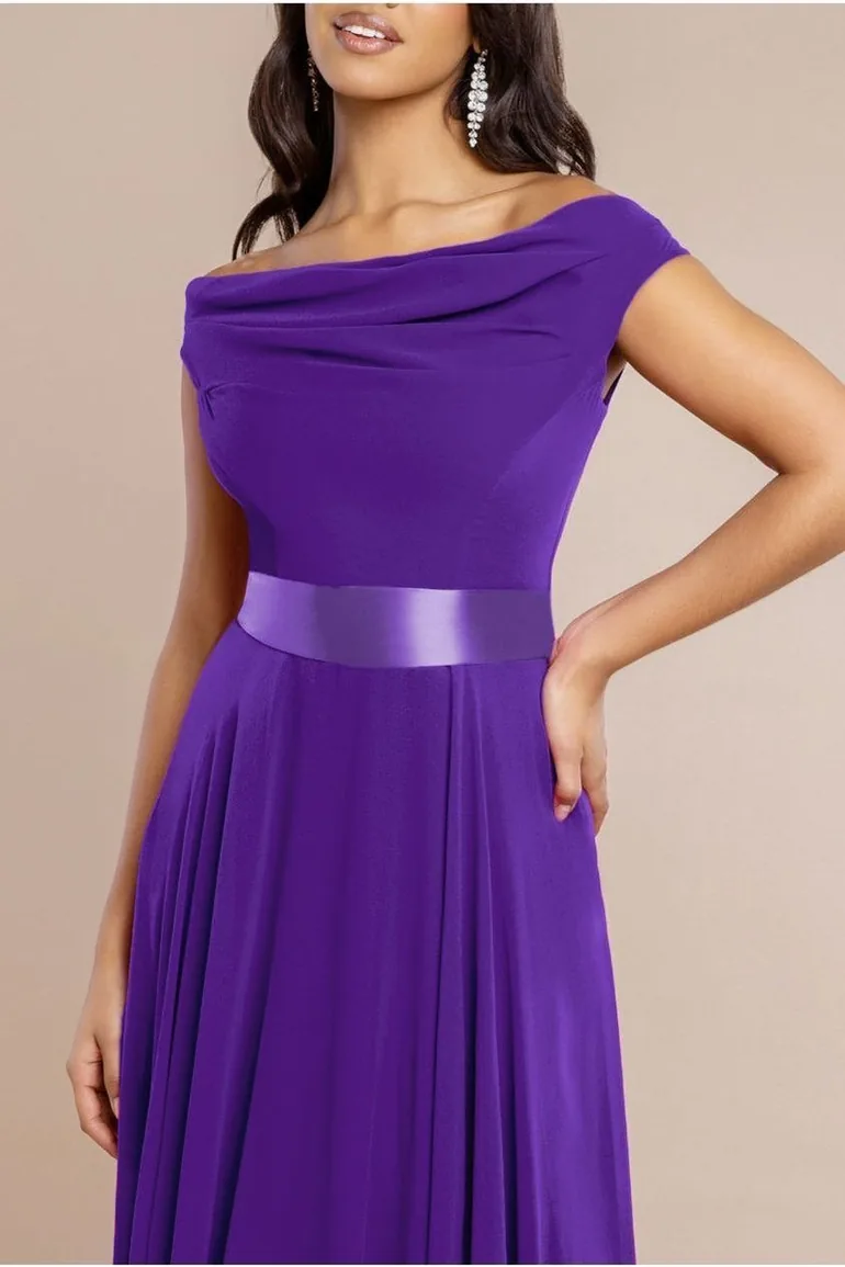 goddiva cowl neck chiffon maxi dress reviews Chiffon Bardot Cowl Neck Maxi Dress - Duskyblue