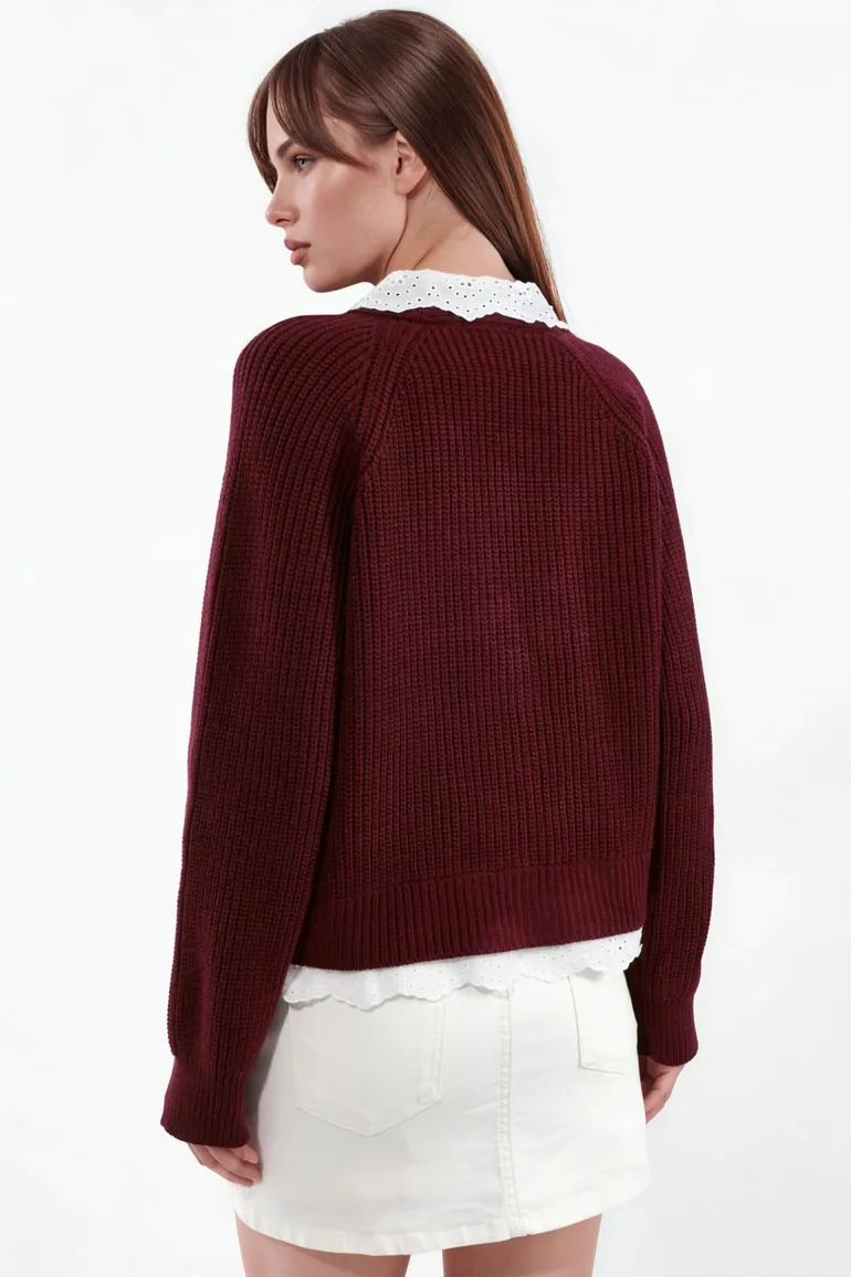 Buttoned Knit Cardigan with Collar Detail - 2