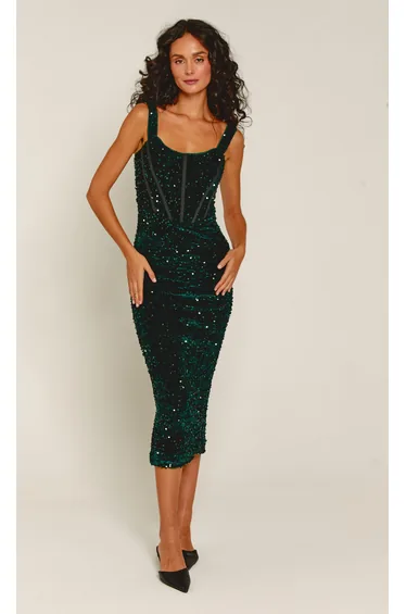 Emerald Sequin Corset Velvet Midaxi Dress