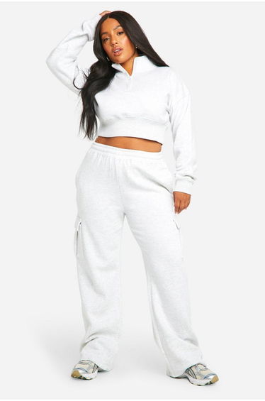 Plus Deep Hem Sweatshirt And Turnover Waistband Straight Leg Cargo Tracksuit - ash grey