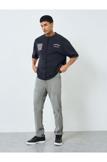 Men Black Boxy Acid Wash Graphic Print T-Shirt
