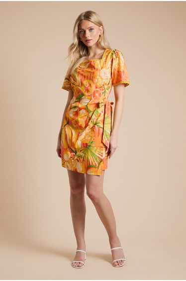 Fruit Lace Trim Wrap Skirt Poplin Printed Mini Dress