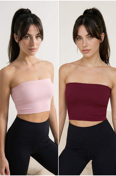 Burgundy-Pink 2-Pack Seamless/Seamless Ribbed Strapless Knitted Sports Bra
