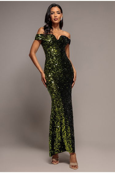 Goddiva Sequin Velvet Bardot Evening Maxi Dress - Olive