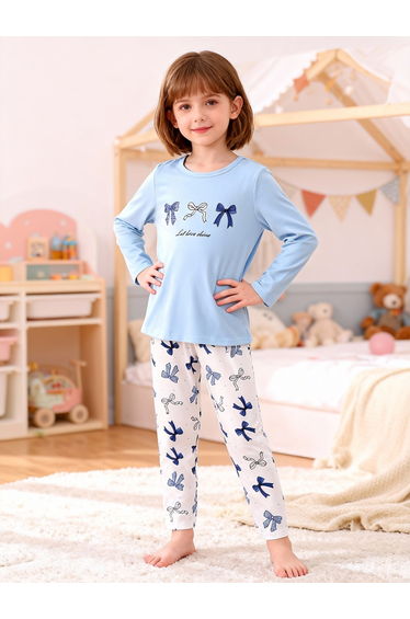 Girls Blue Bow Print T-Shirt and Pyjama Set