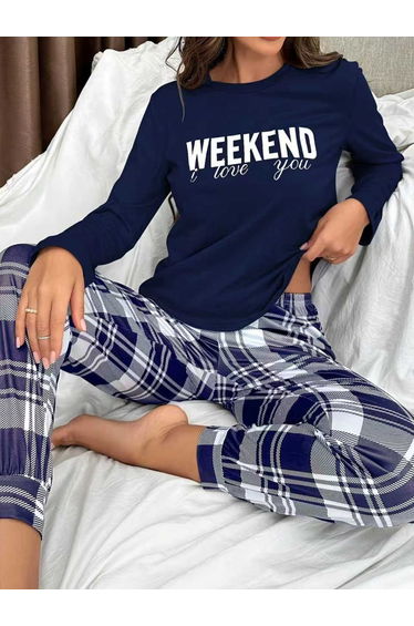 Text Print Round Neck Top and Checked Pyjama Set