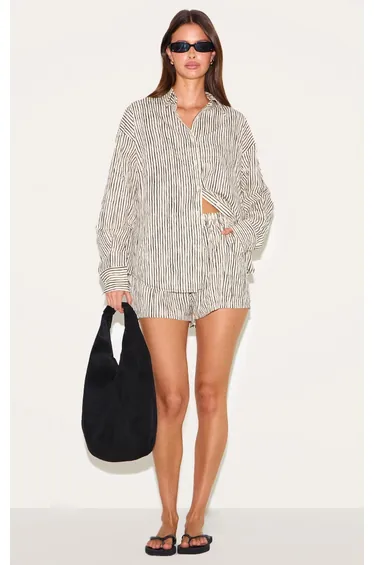 Black Striped Linen Look Floaty Shorts