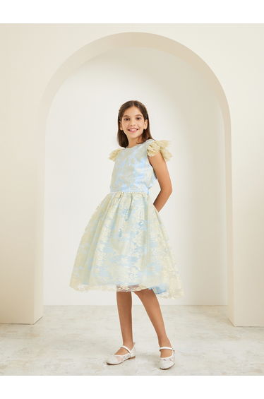 Girls Light Blue Floral Mesh Detail A-Line Dress