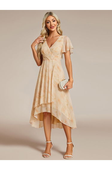 ever LARK|Ruffles Sleeve Pleated V-Neck A-Line Midi Chiffon Wedding Guest Dress