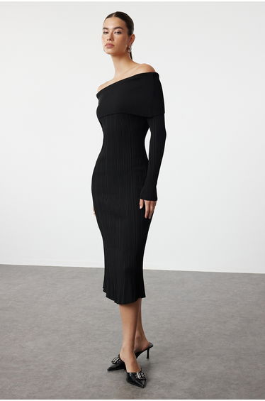 Black Midaxi Knitwear Basic Carmen Collar Dress