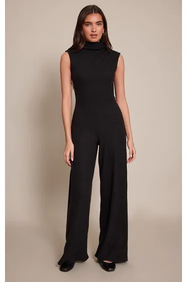 Black Ribbed Ruched Scarf Detail Wide Leg Jumpsuit