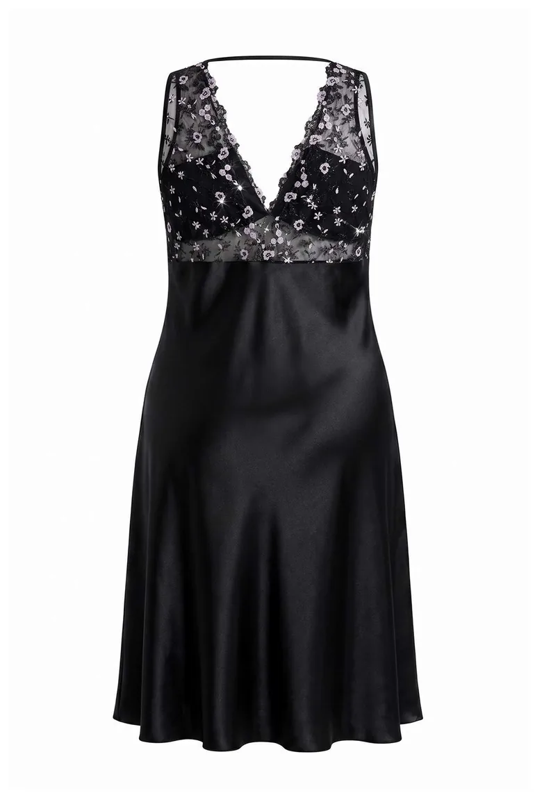 Black Degaje Collar Short Satin Plus Size Nightgown - 4