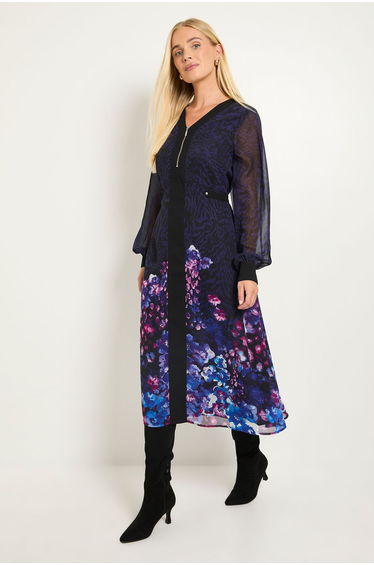 Petite Floral Animal Mix Zip Midi Dress