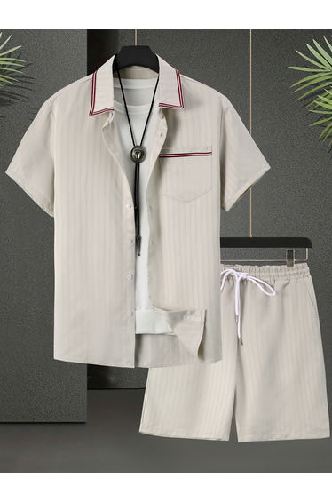 Men Beige Striped Short Sleeve Button Front Shirt and Shorts Co-Ords