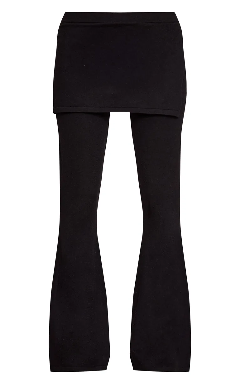 Black Layered Detail Fine Knit Wide Leg Trouser - 4