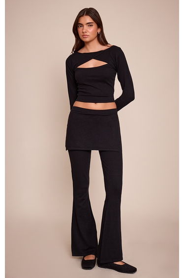 Black Layered Detail Fine Knit Wide Leg Trouser