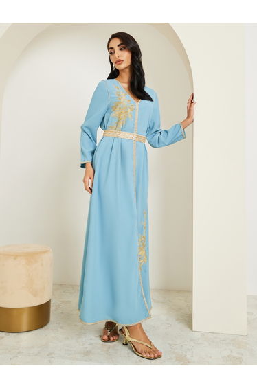 Women Blue Golden Embroidered Kaftan
