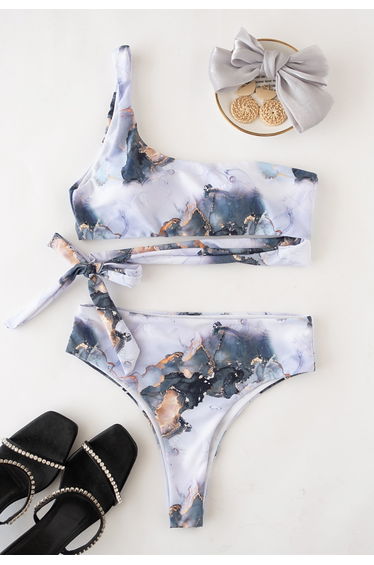Volcano Print One-Shoulder Knotted Bikini Set