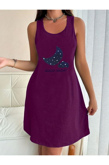 Purple Printed Sleeveless Nightdress