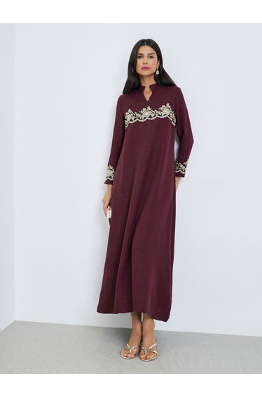 Burgundy Textured Lace Insert Jalabiya